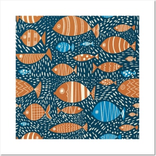 Blue and Orange Fish in the Sea Repeat Pattern Posters and Art
